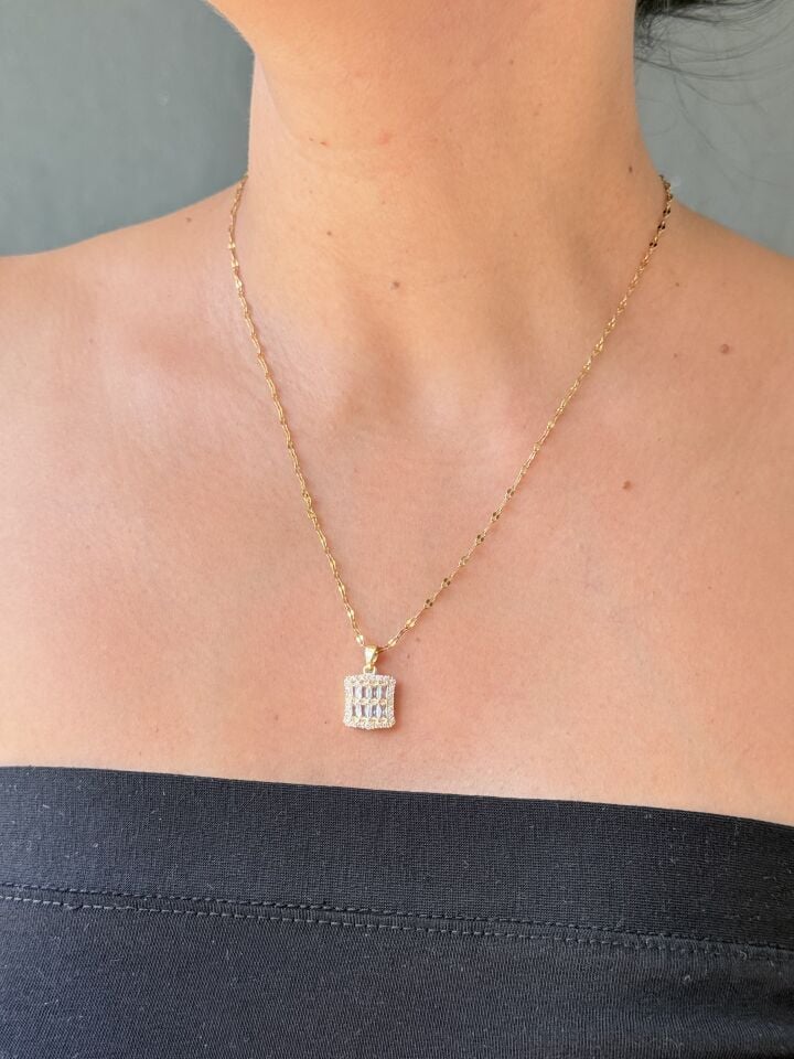 Baget Kolye Zirkon Taşlı Paslanmaz Çelik Gold