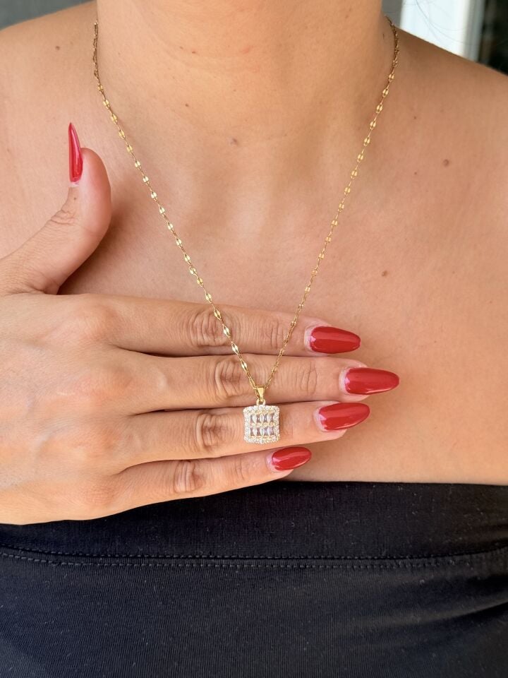 Baget Kolye Zirkon Taşlı Paslanmaz Çelik Gold