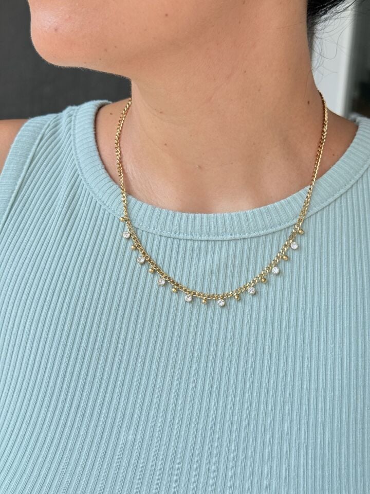 Sıra Zirkon Taşlı Kolye Paslanmaz Çelik Gold