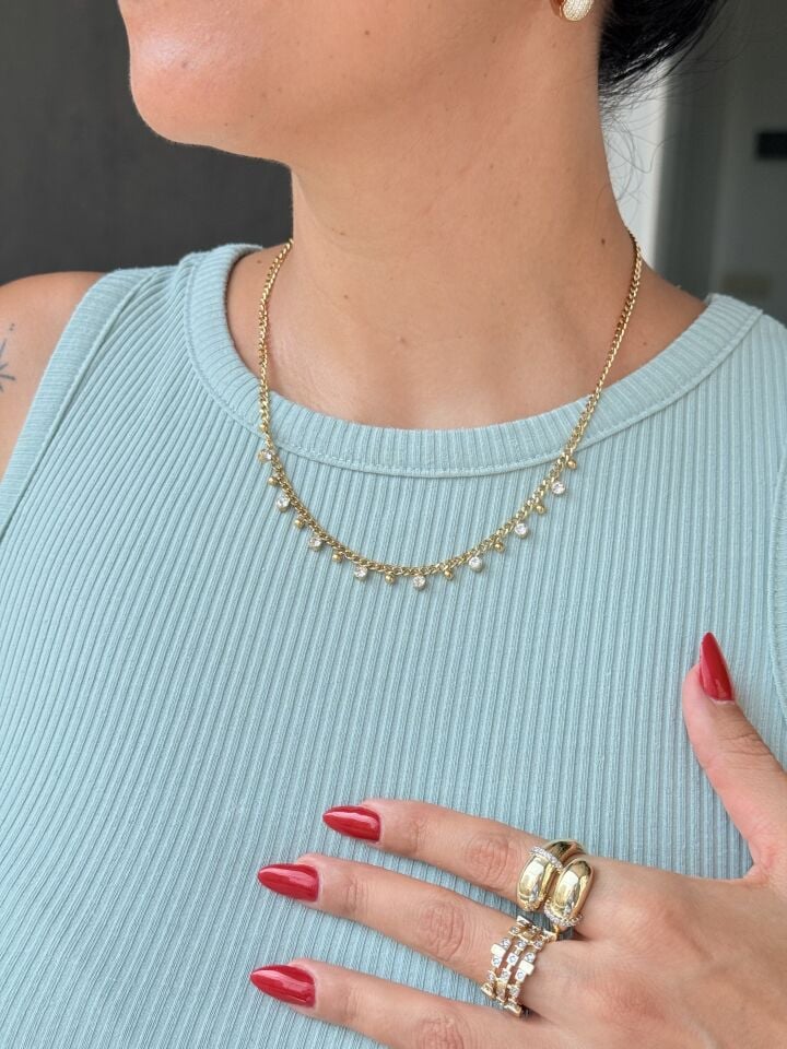 Sıra Zirkon Taşlı Kolye Paslanmaz Çelik Gold