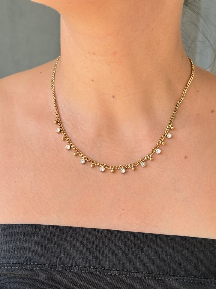 Sıra Zirkon Taşlı Kolye Paslanmaz Çelik Gold