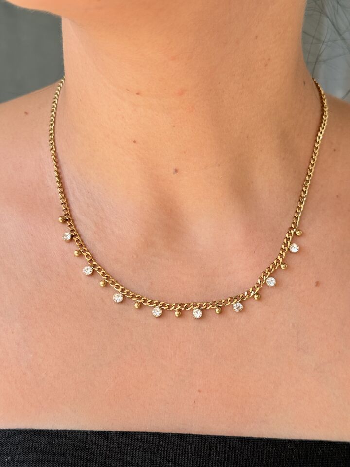 Sıra Zirkon Taşlı Kolye Paslanmaz Çelik Gold