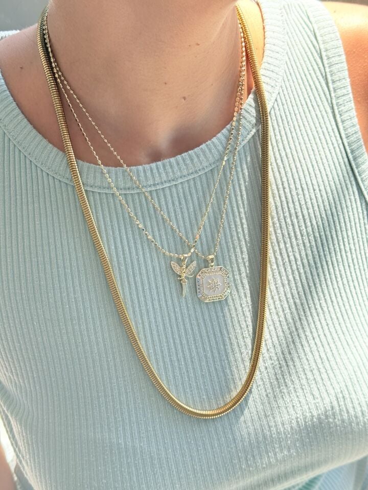 Yıldız Kare Kolye Zirkon Taşlı Paslanmaz Çelik Gold