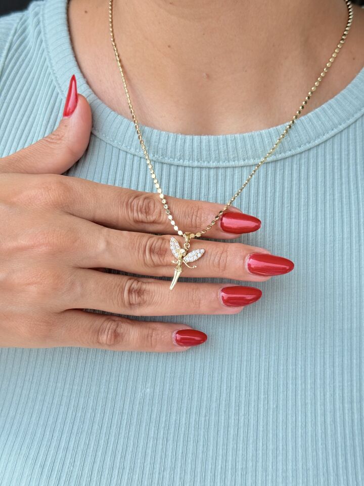 Zirkon Taşlı Peri Kolye Paslanmaz Çelik Gold