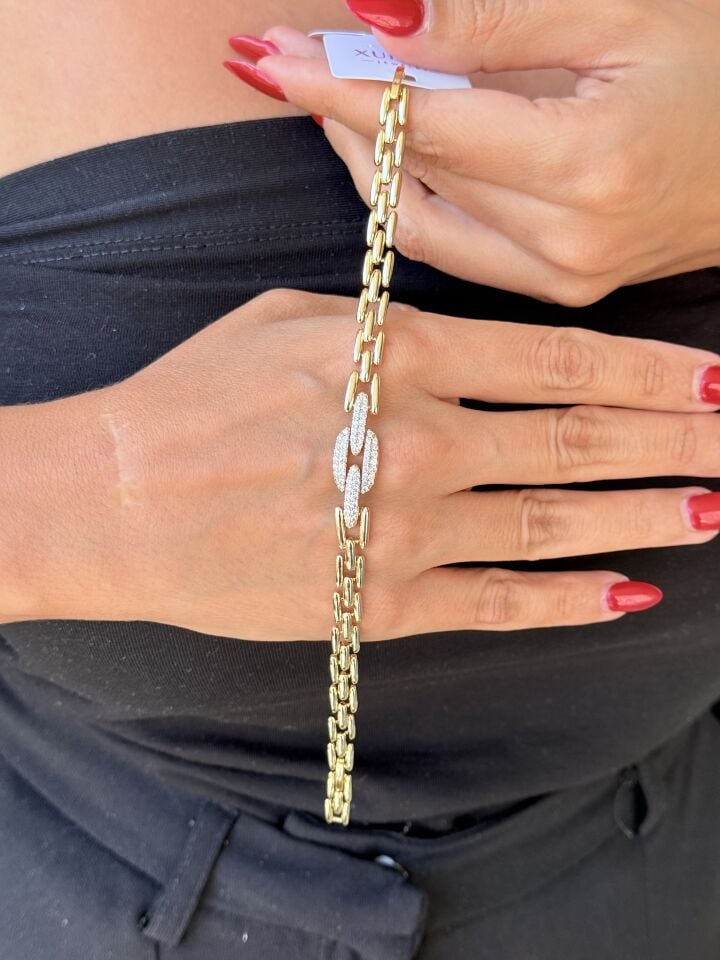 Kilit Model Zirkon Taşlı Vip Bileklik Gold