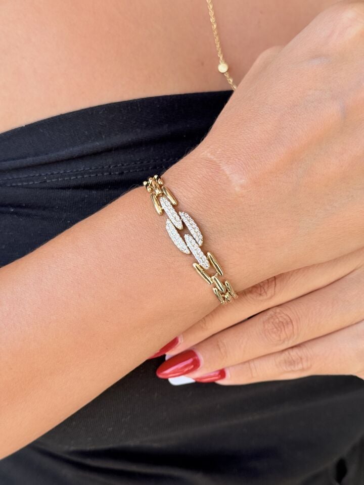 Kilit Model Zirkon Taşlı Vip Bileklik Gold