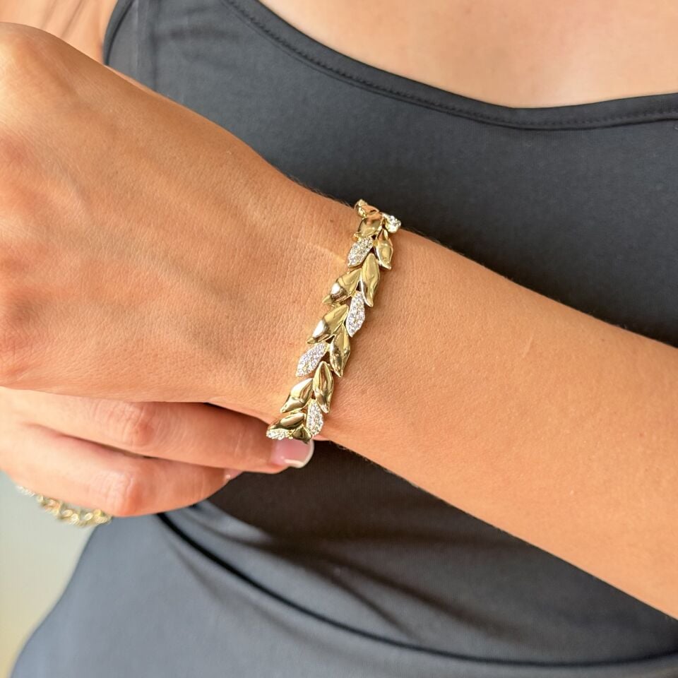 Vip Yaprak Model Zirkon Taşlı Bileklik Gold