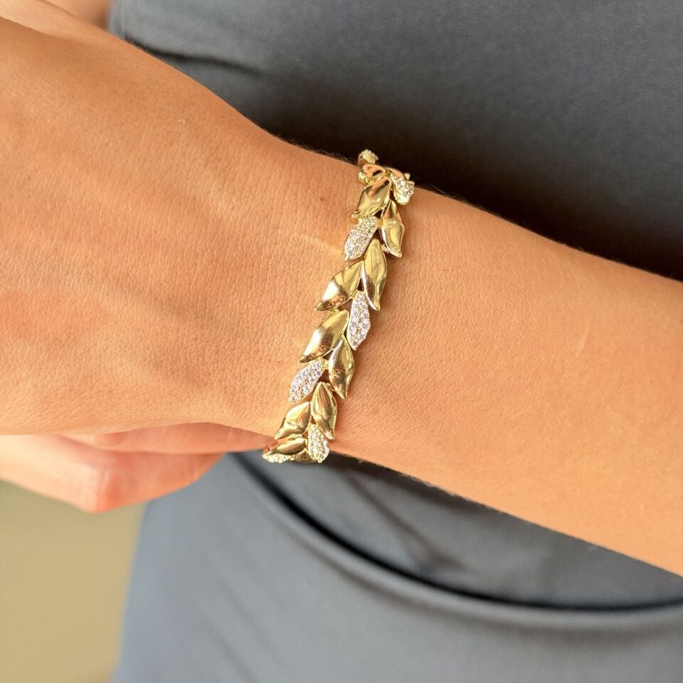 Vip Yaprak Model Zirkon Taşlı Bileklik Gold
