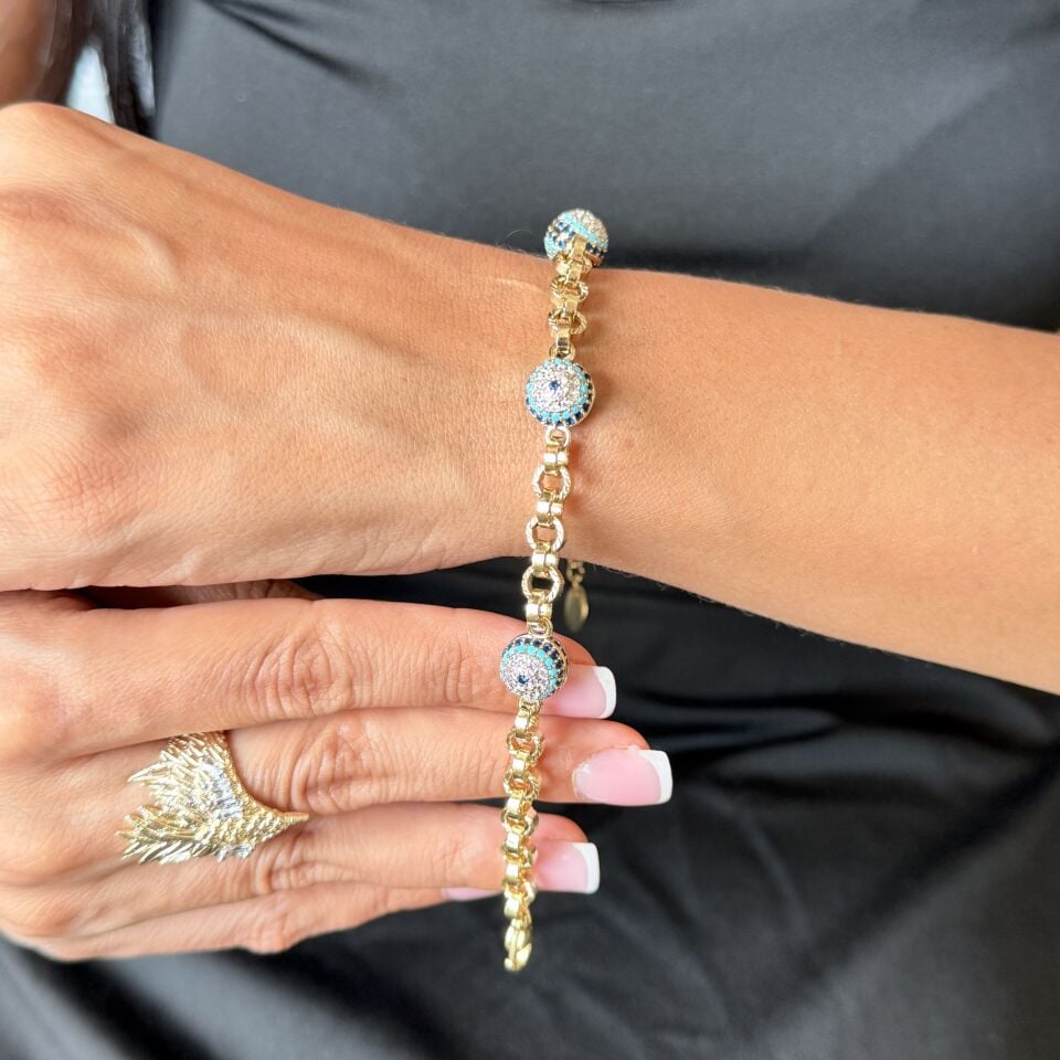 Vip Nazar Boncuklu Zirkon Taşlı Bileklik Gold