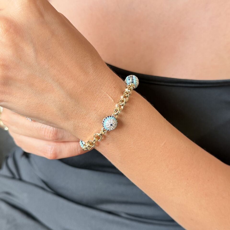 Vip Nazar Boncuklu Zirkon Taşlı Bileklik Gold