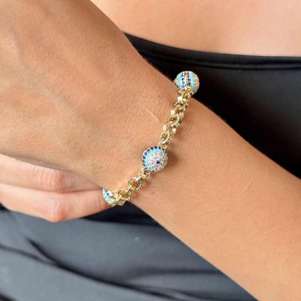 Vip Nazar Boncuklu Zirkon Taşlı Bileklik Gold