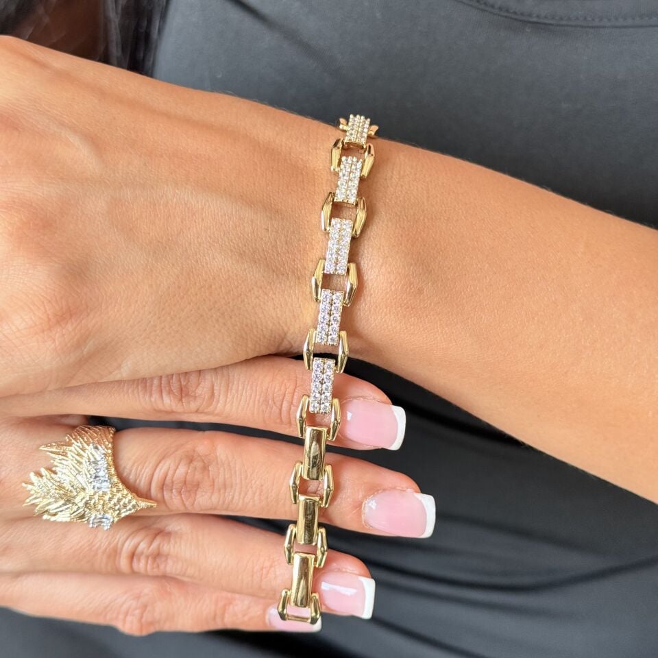 Vip Altıgen Zirkon Taşlı Bileklik Gold