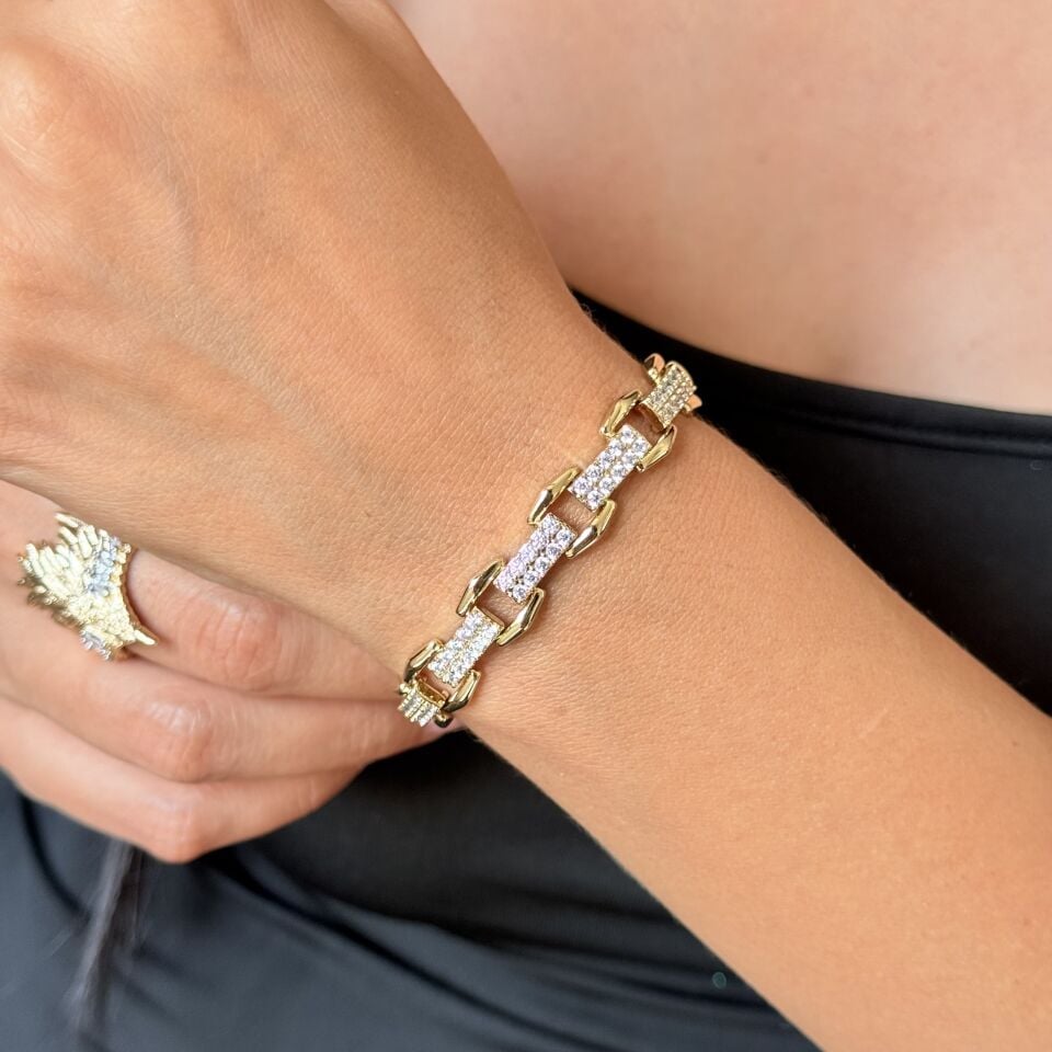 Vip Altıgen Zirkon Taşlı Bileklik Gold