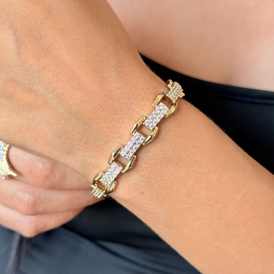 Vip Altıgen Zirkon Taşlı Bileklik Gold