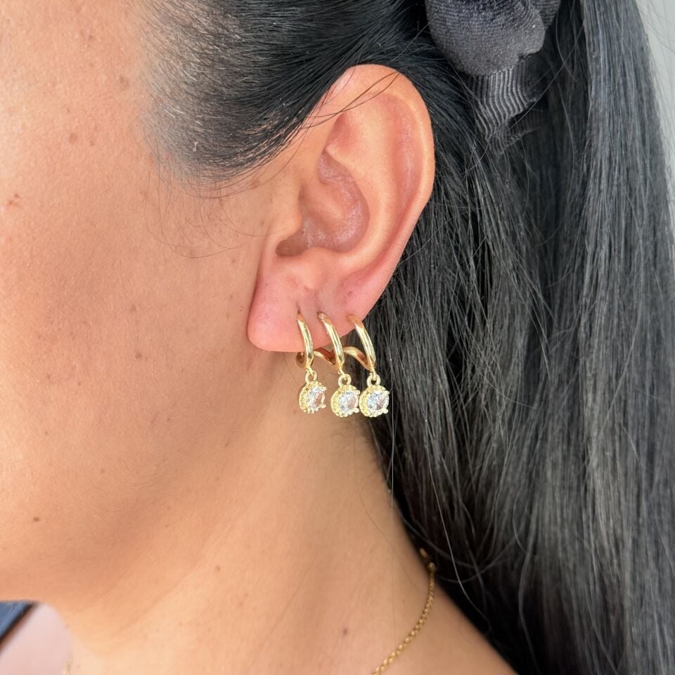 Zirkon Taşlı Üçlü Görünüm Çelik Küpe Gold