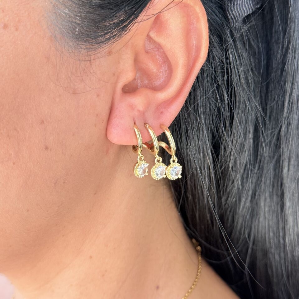 Zirkon Taşlı Üçlü Görünüm Çelik Küpe Gold