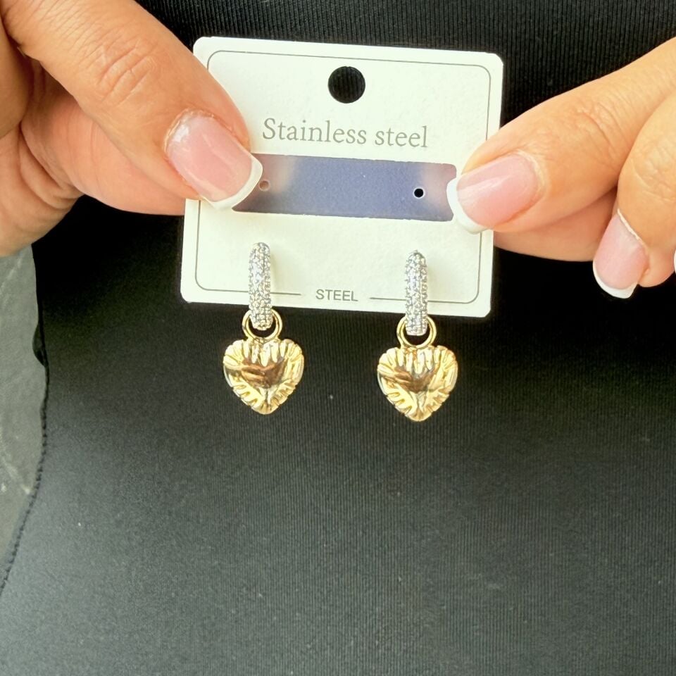 Kalp ve Halka Çelik Küpe Gold