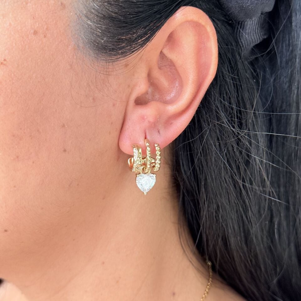 Kalp Üçlü Görünüm Zirkon Taşlı Vip Küpe Gold