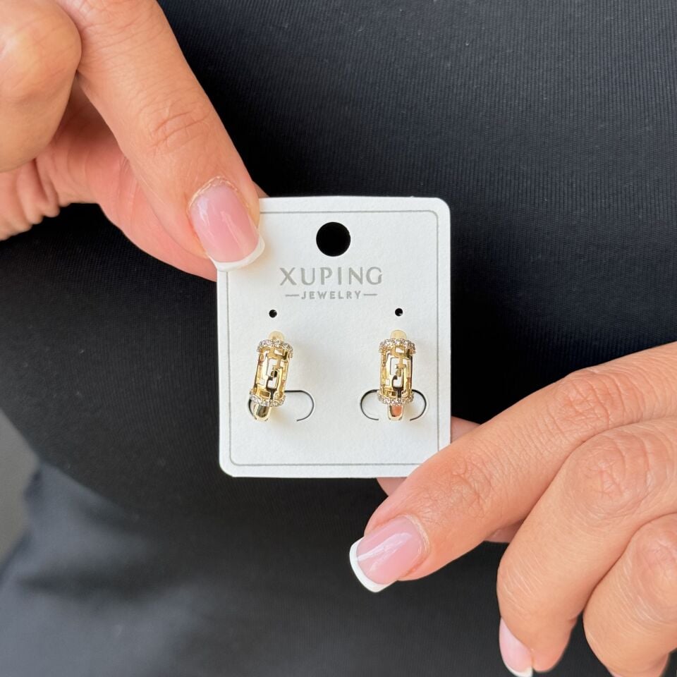 Labirent Model Zirkon Taşlı Vip Halka Küpe Gold