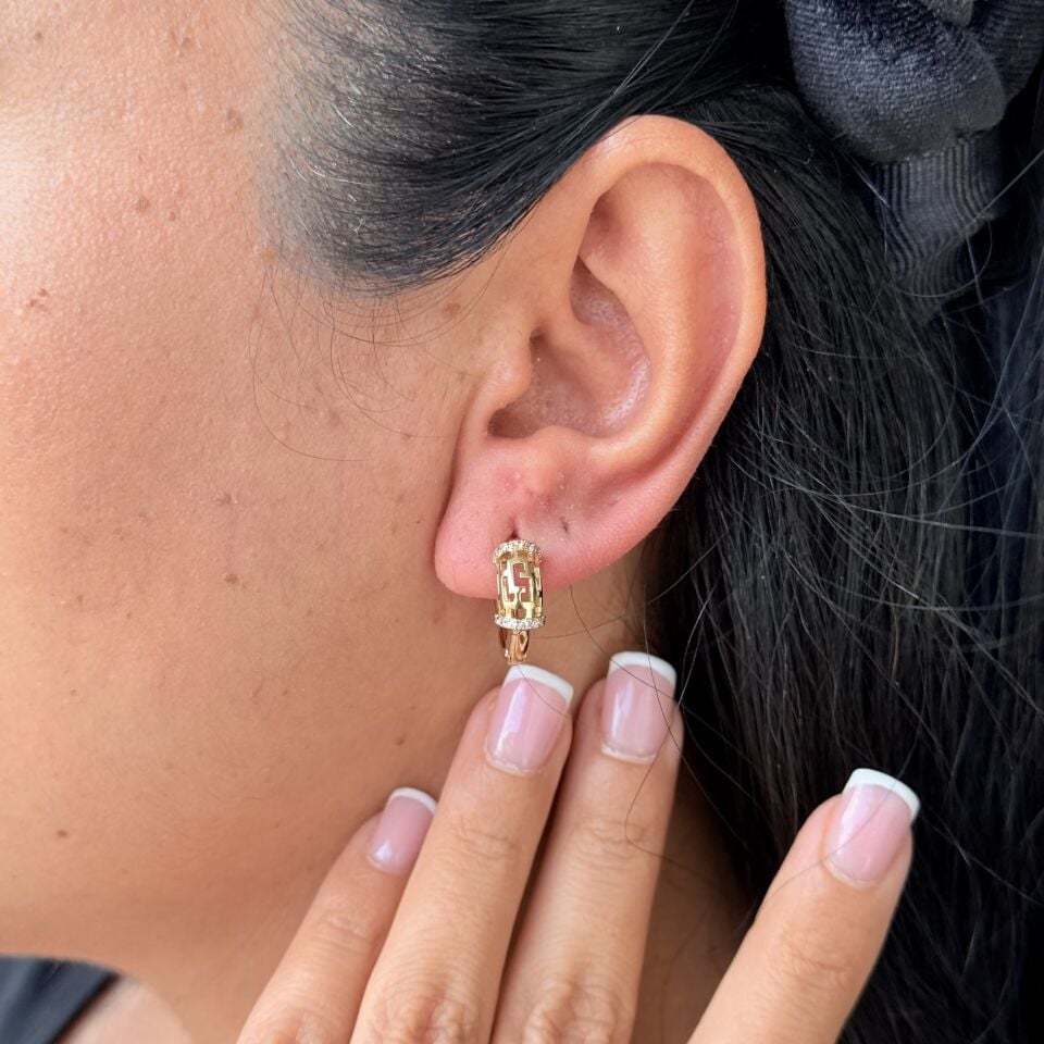 Labirent Model Zirkon Taşlı Vip Halka Küpe Gold