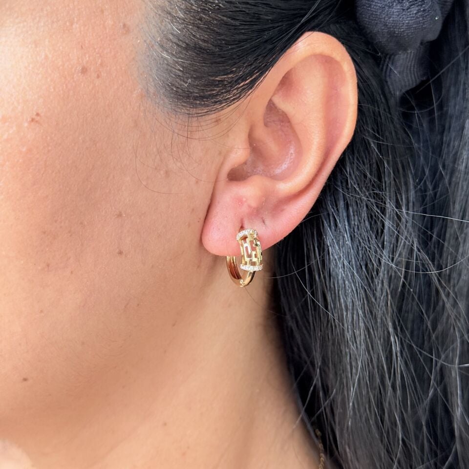 Labirent Model Zirkon Taşlı Vip Halka Küpe Gold