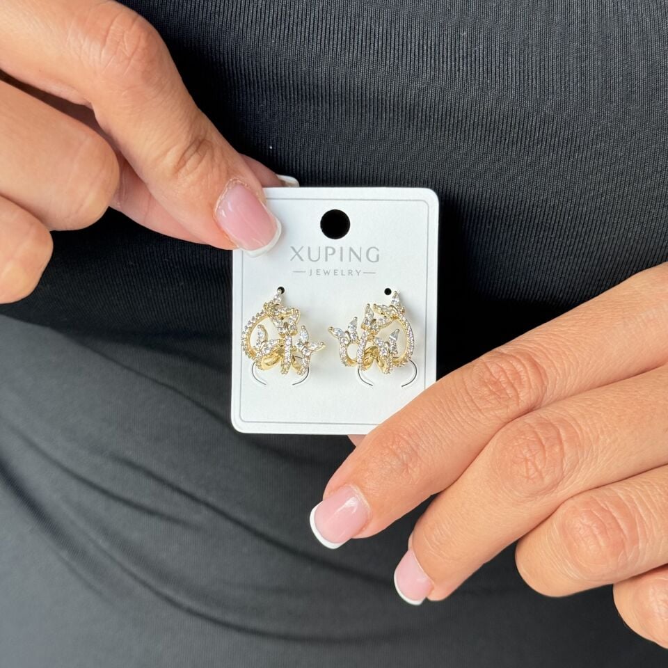 Kelebek Model Zirkon Taşlı Vip Küpe Gold
