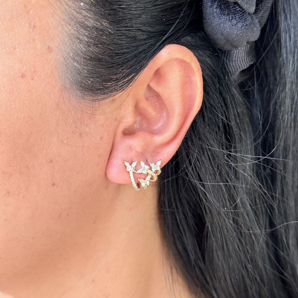 Kelebek Model Zirkon Taşlı Vip Küpe Gold