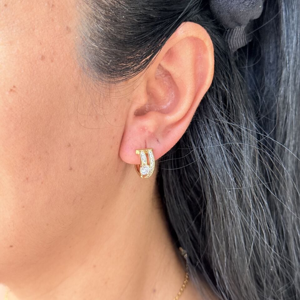 Zirkon Taşlı İkili Görünüm Vip Küpe Gold