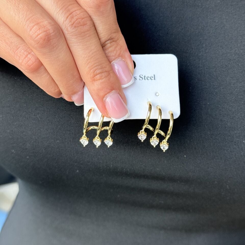 Kalp model Üçlü Görünüm Çelik Küpe Gold