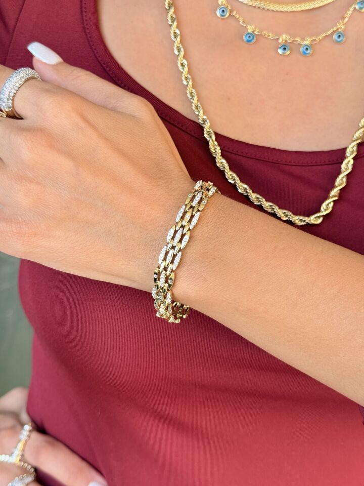 Sıra Zirkon Taşlı Vip Gurmet Bileklik Gold