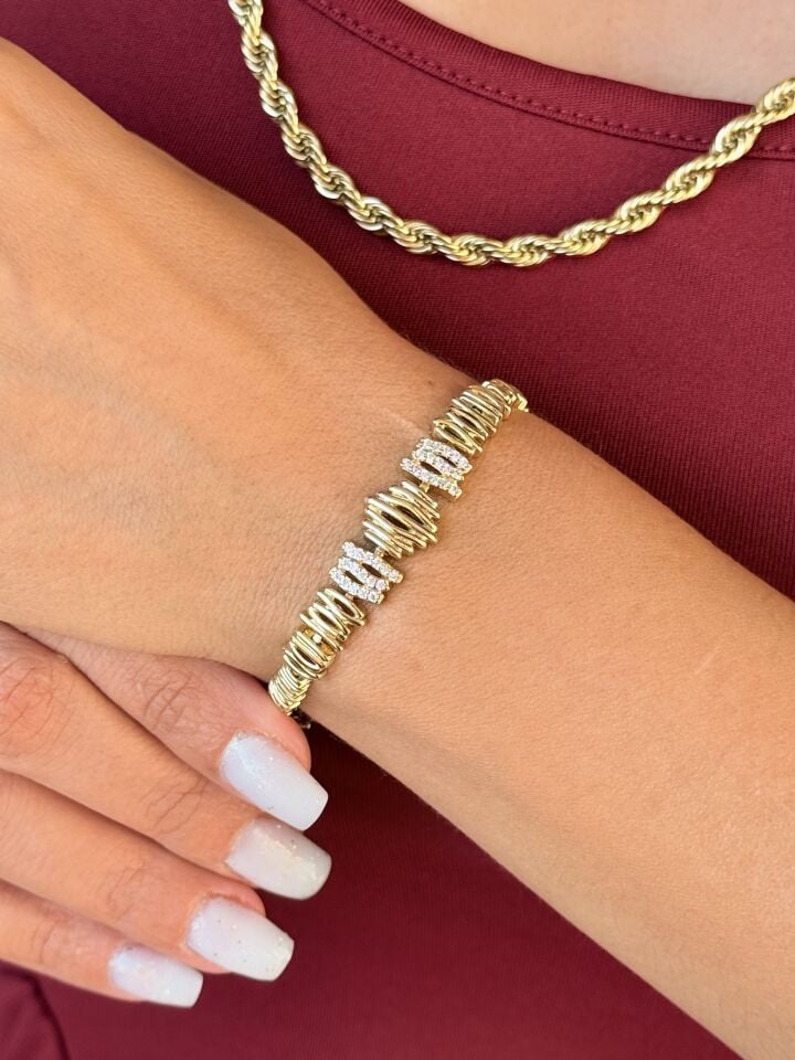 Dalgalı Zirkon Taşlı Vip Bileklik Gold