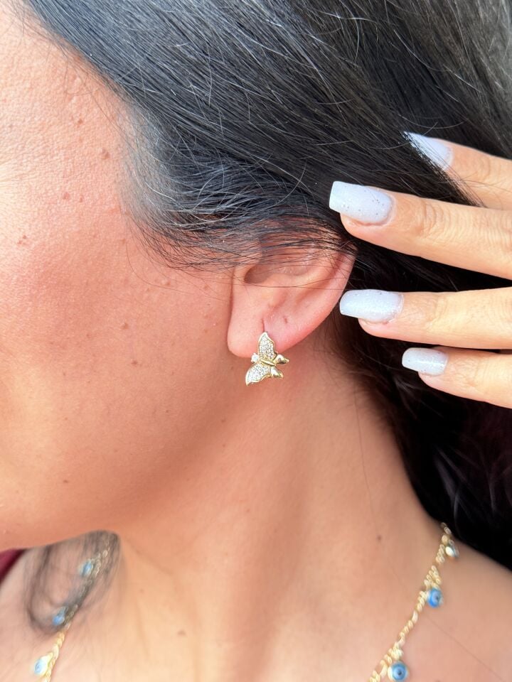 Kelebek Model Zirkon Taşlı Vip Küpe Gold