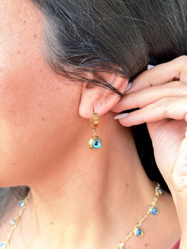 Nazar Mavi Göz Boncuk Çelik Küpe Gold