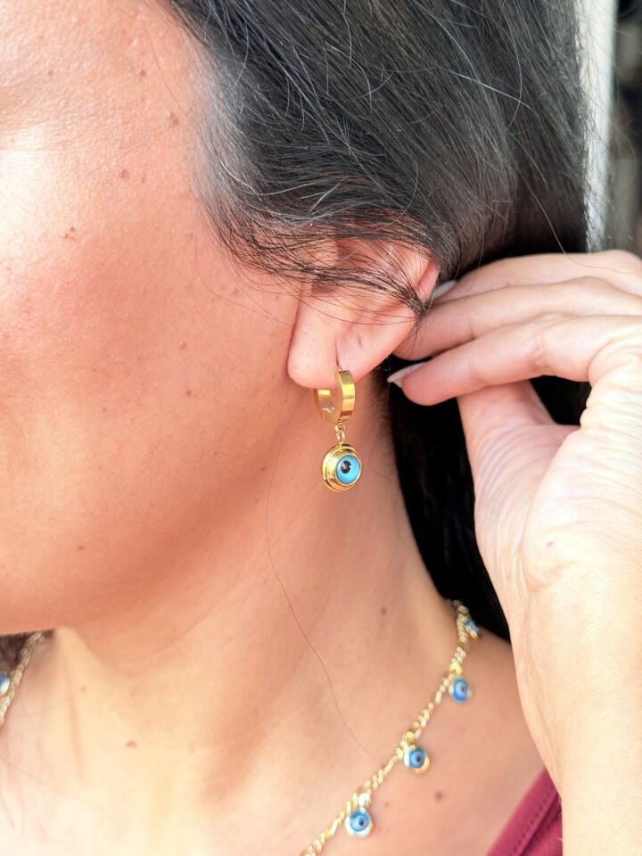 Nazar Mavi Göz Boncuk Çelik Küpe Gold