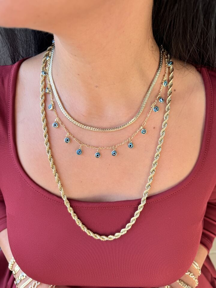 Nazar Çoklu Göz Boncuk Çelik Kolye Gold