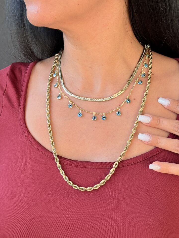 Nazar Çoklu Göz Boncuk Çelik Kolye Gold