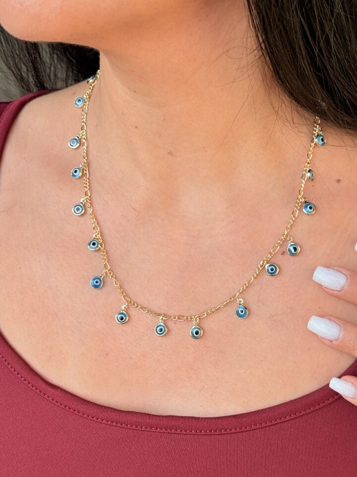 Nazar Çoklu Göz Boncuk Çelik Kolye Gold