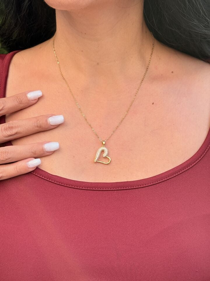 Kalp Model Zirkon Taşlı Çelik Kolye Gold