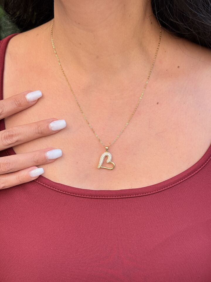 Kalp Model Zirkon Taşlı Çelik Kolye Gold