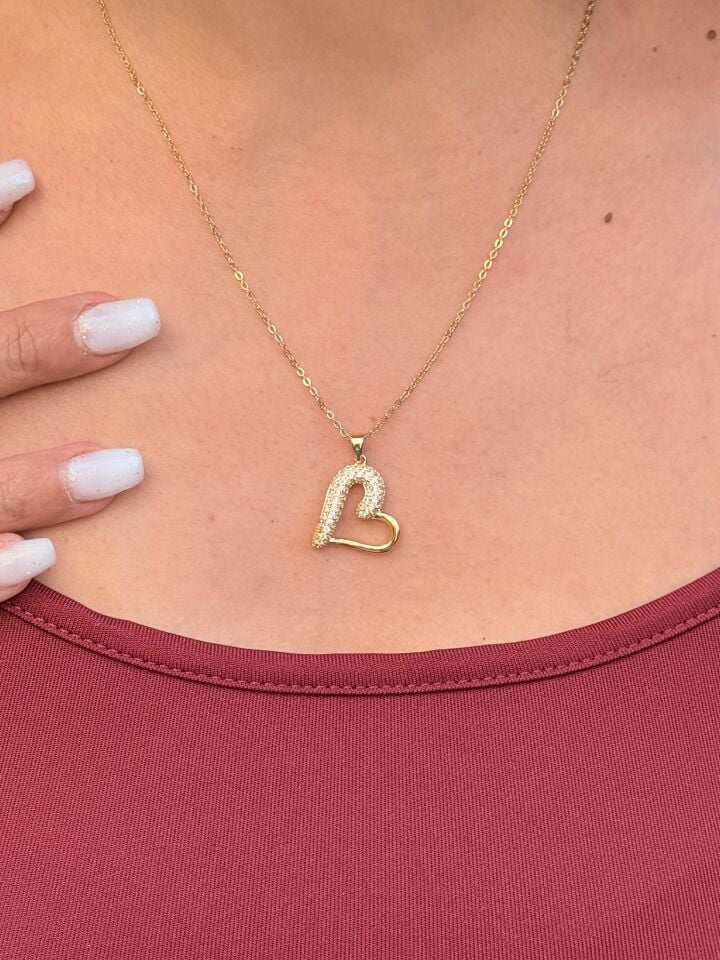 Kalp Model Zirkon Taşlı Çelik Kolye Gold