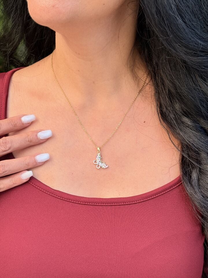 Renkli Zirkon Taşlı Kelebek Çelik Kolye Gold