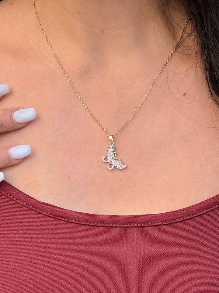 Renkli Zirkon Taşlı Kelebek Çelik Kolye Gold