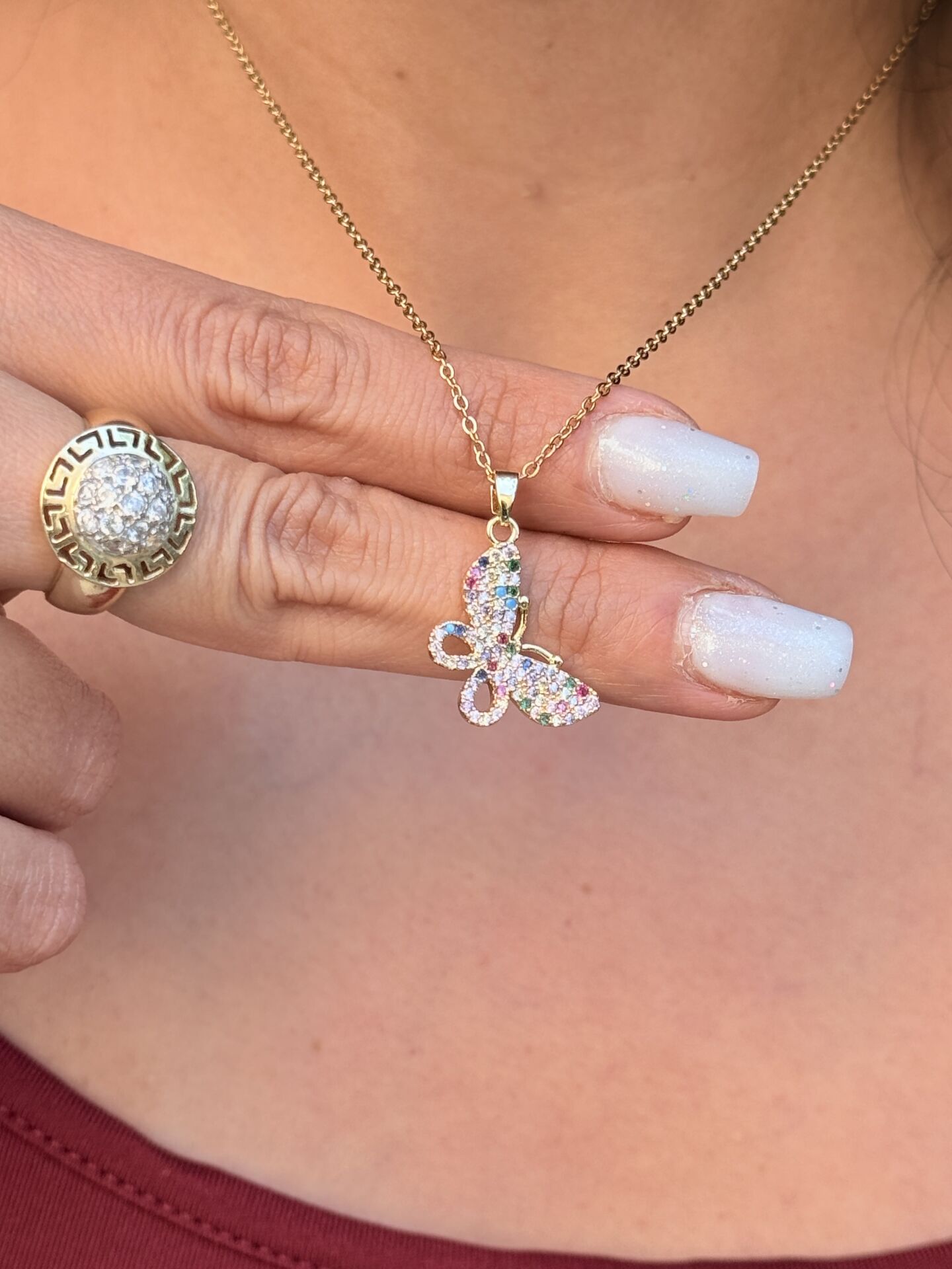 Renkli Zirkon Taşlı Kelebek Çelik Kolye Gold