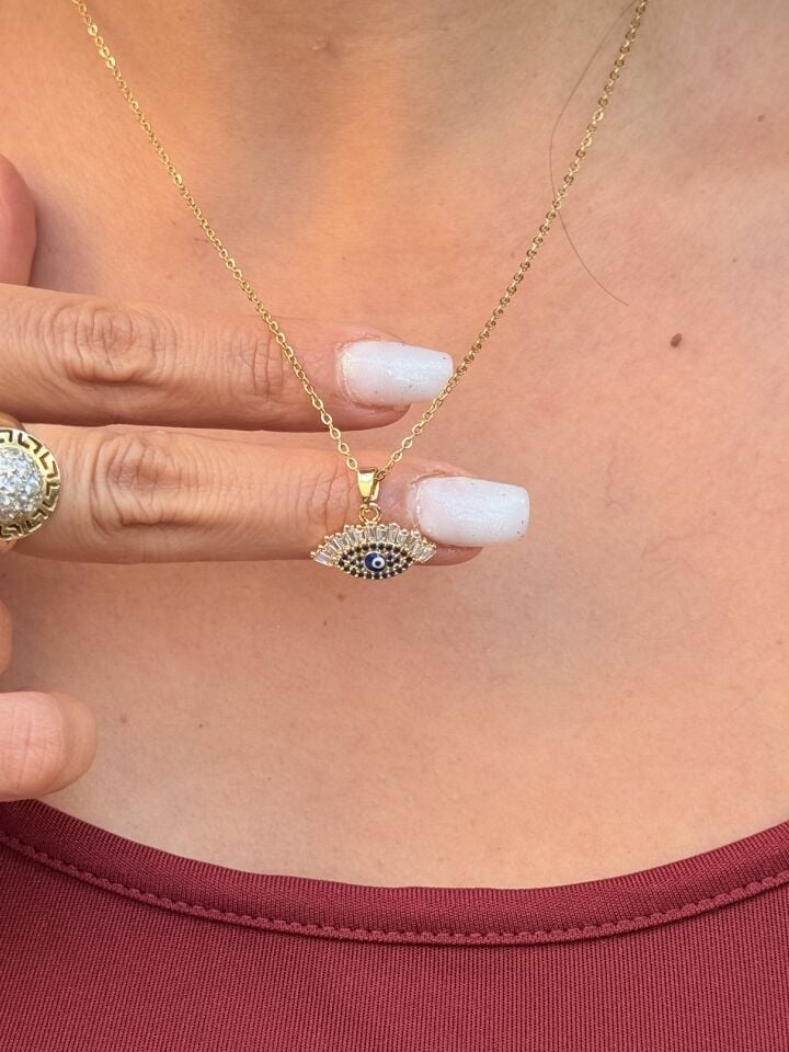 Göz Nazar Zirkon Taşlı Çelik Kolye Gold