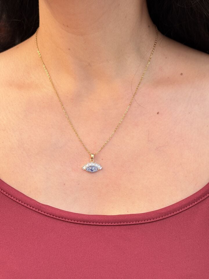 Göz Nazar Zirkon Taşlı Çelik Kolye Gold