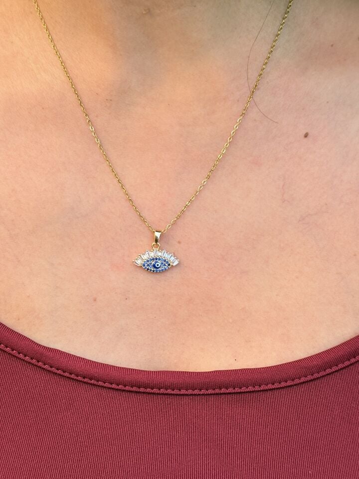 Göz Nazar Zirkon Taşlı Çelik Kolye Gold