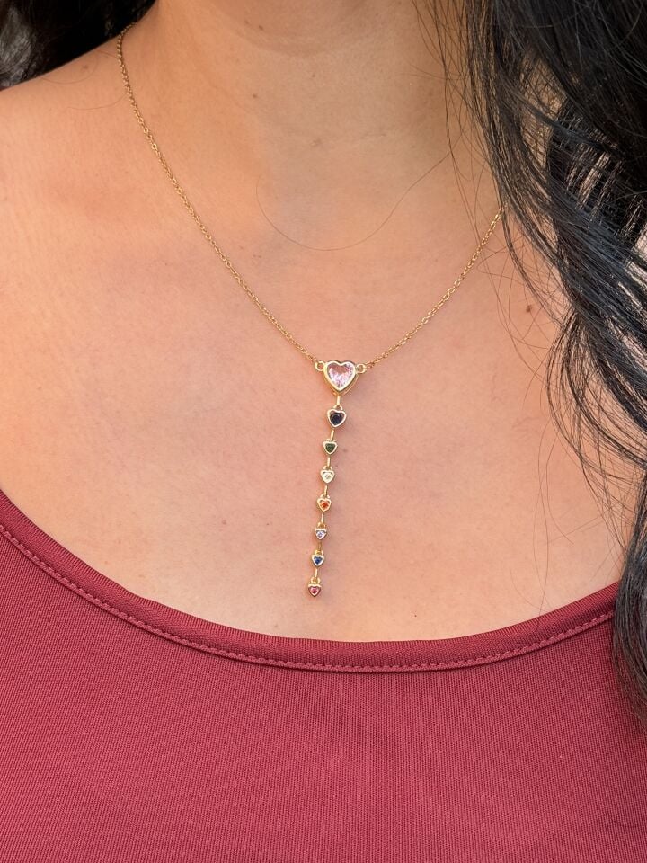 Renkli Zirkon Taşlı Y Model Çelik Kolye Gold