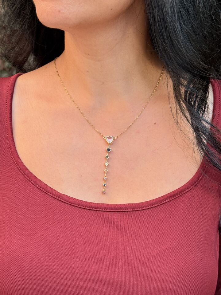 Renkli Zirkon Taşlı Y Model Çelik Kolye Gold