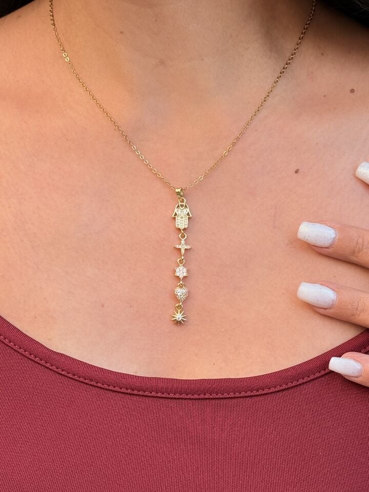 Fatmanın Eli Şans Kolye Zirkon Taşlı Çelik Gold