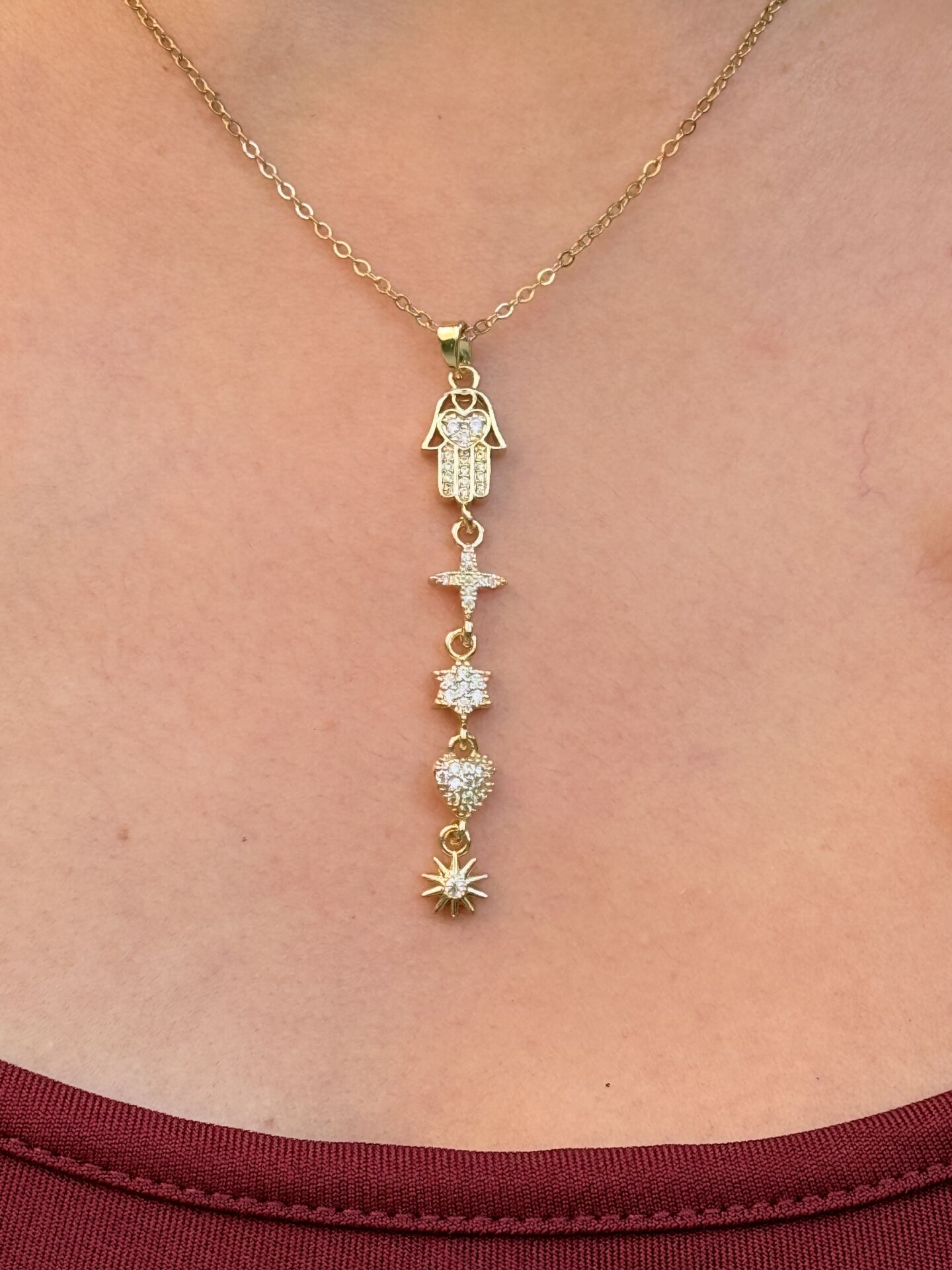 Fatmanın Eli Şans Kolye Zirkon Taşlı Çelik Gold